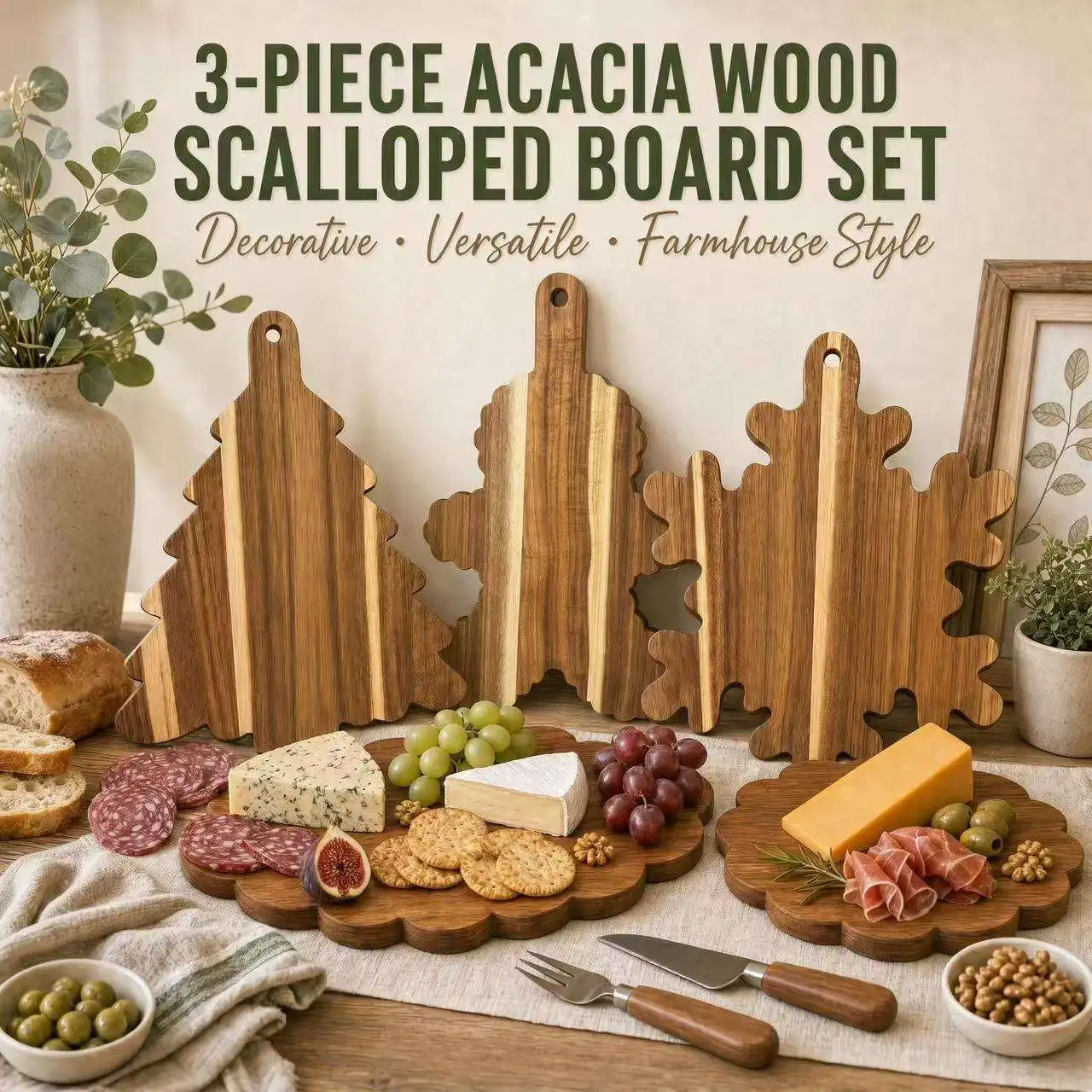 Xmas Acacia Wood Charcuterie Board With Handle, Christmas Serving Platter for Gingerbread Man Reindeer Snowflake Shaped Food