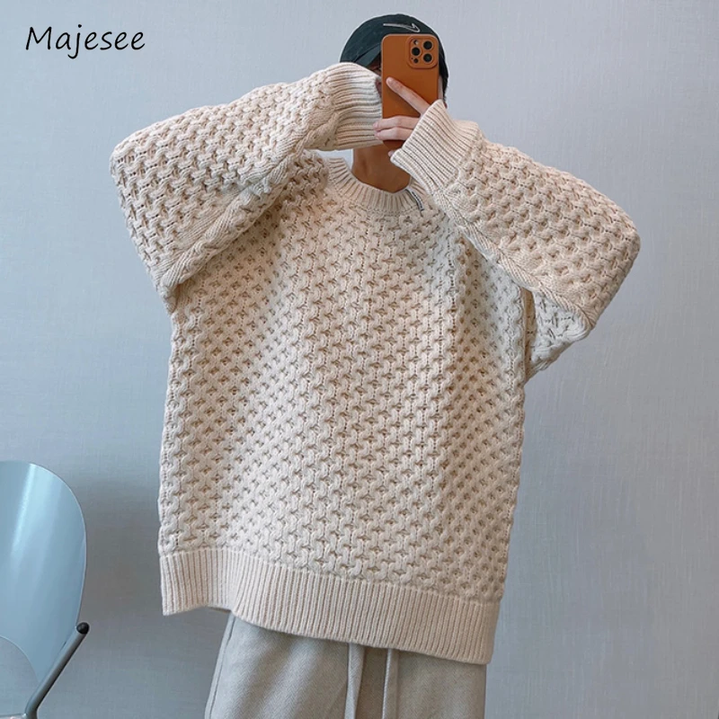 Baggy Sweaters Men Solid Slouchy Temperament O-neck Korean Style Tender Spring Autumn Retro Knitwear Versatile Prevalent Classic