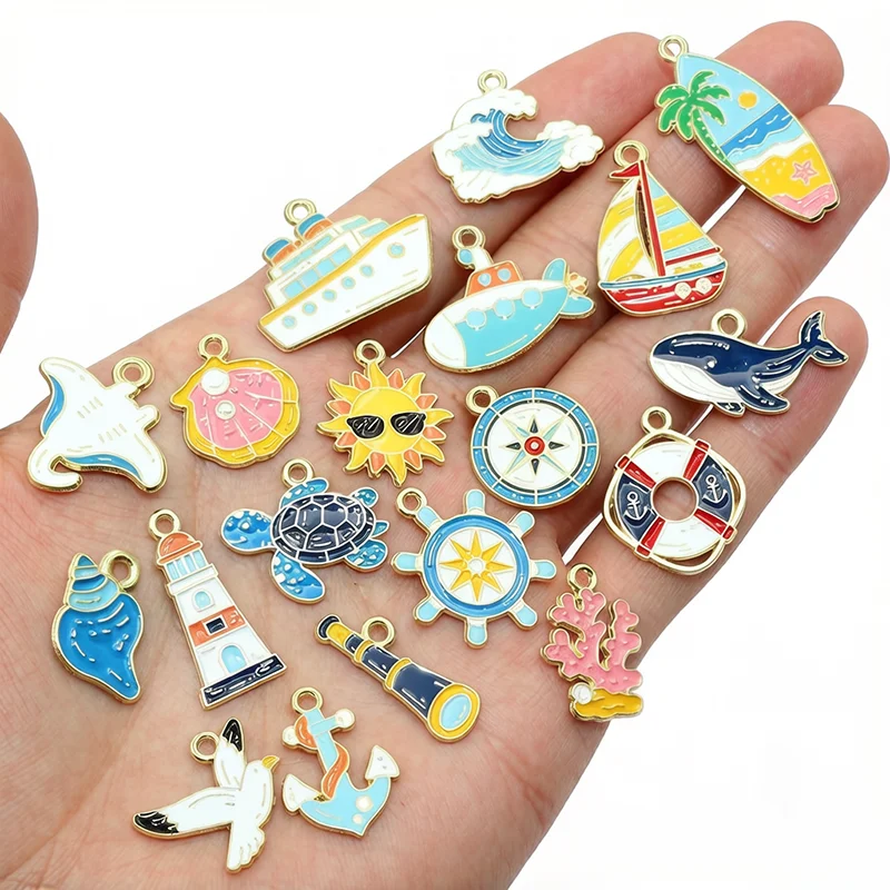 10Pcs Summber Elements Nautical Beach Ocean Enamel Charms Pendant Ship Sun Shell DIY Jewelry Making Findings Earrings Necklace‌