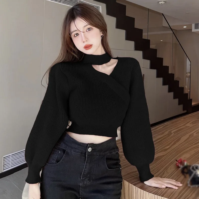 Autumn Sexy Pullovers V-neck Puff Sleeve Knit Cropped Sweaters Long Sleeved Lady Warm Off Shoulder Turtleneck Slim Jumper