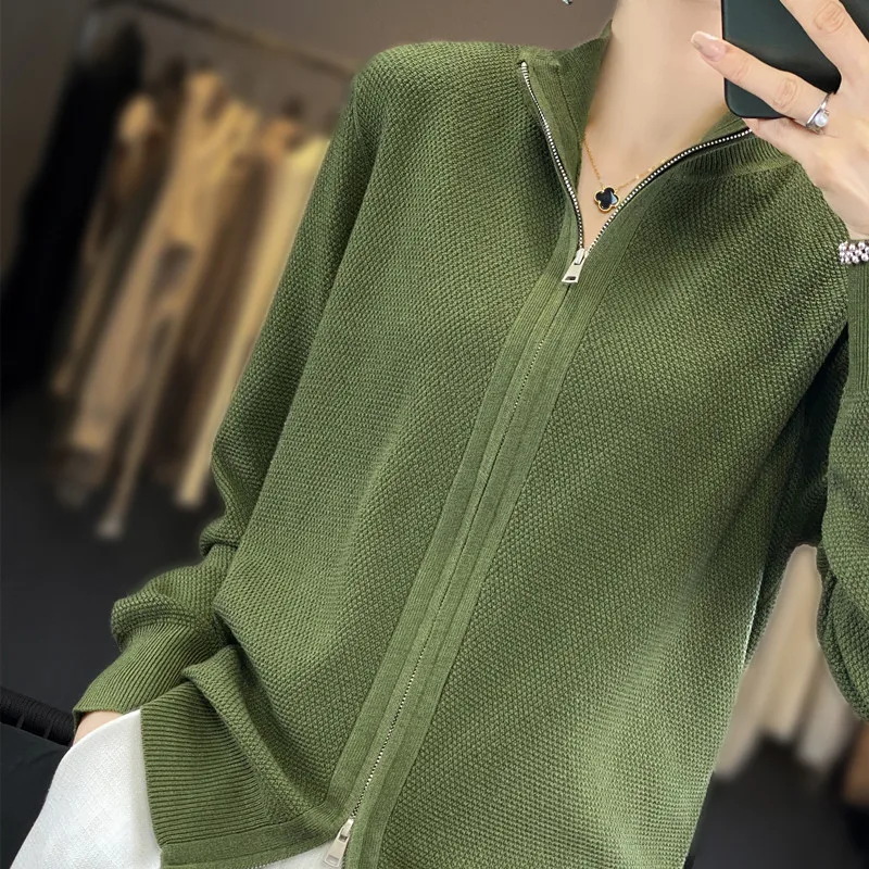 100% Merino Cardigan Women 2024 Autumn/Winter New Fashion Women\'s Stand Collar Double Zip Sweater Pineapple Pin Sweater