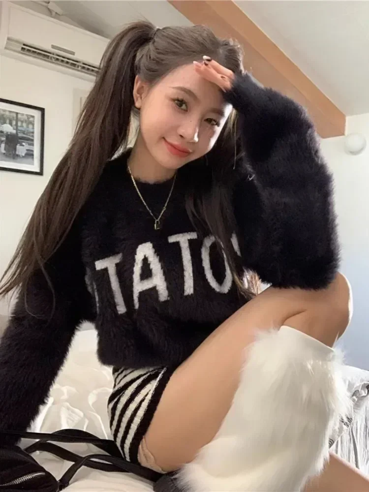 

White Jumper Furry Pullovers for Women Sueter Mujer 2024 Fall Winter Clothing Letter Fashion Casual Knitted Cropped Sweater Tops