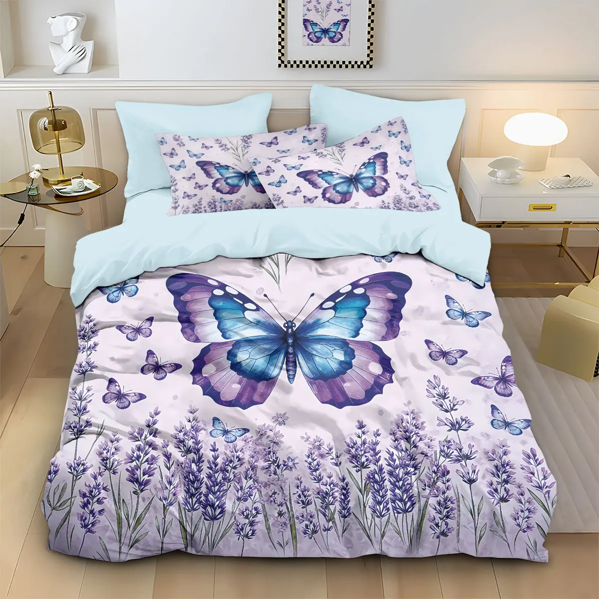 Purple Lavender Bedding Set Heart 3D Print Brushed Duvet Cover for Bedoom Dormitory, 1 Duvet Cover and 2pillowcase with Zipper