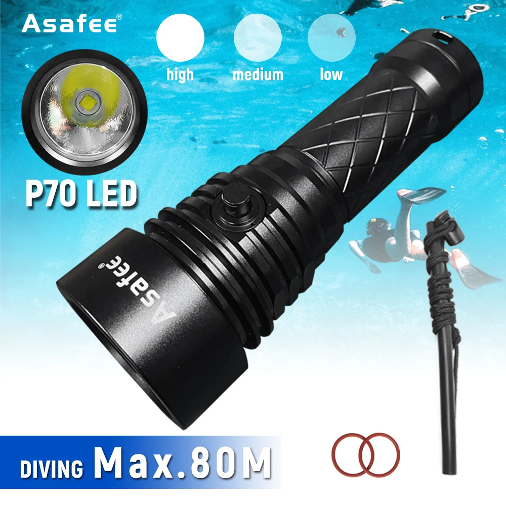 Asafee A19S 80M Underwater Powerful Bright P70 Diving Flashlight IPX8 Dive Lamp Waterproof 2500LM Diver Lanterna Lamp