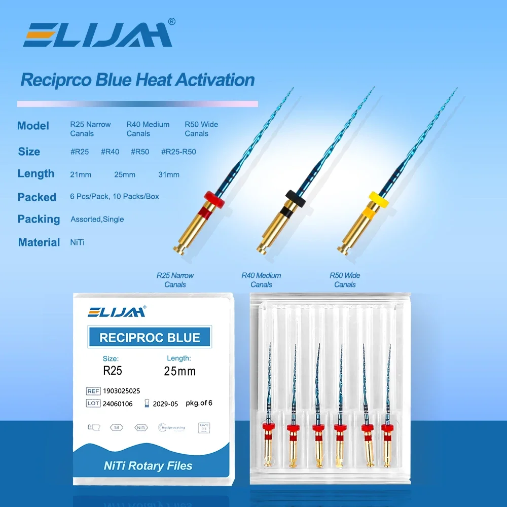 ELIJAH 6Pcs/Box 21/25/31mm Dental Reciprocating Blue Endodontic Files R25/40/50 Only One Engine Use Niti Rotary Root Canal File