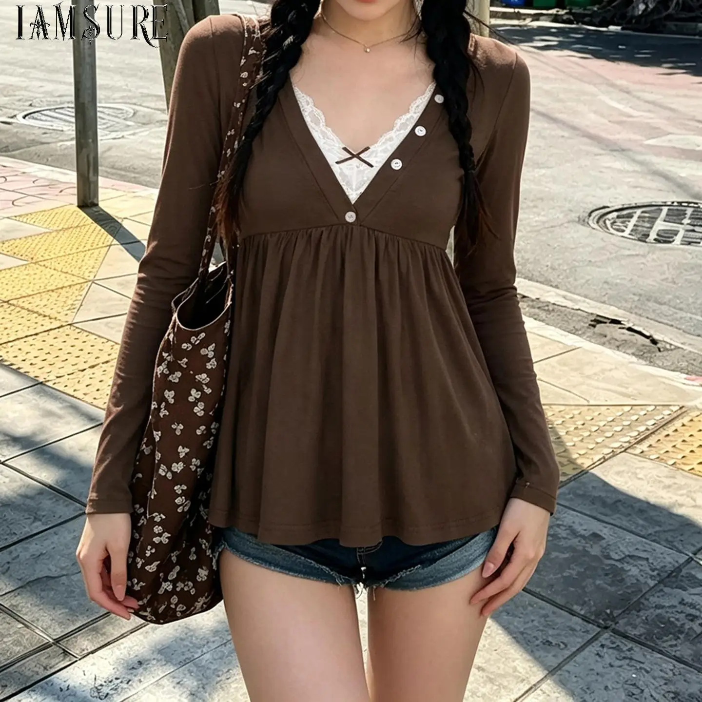 Women V Neck Button Long Sleeve Peplum T-shirts Vintage Empire Waist Babydoll Top Y2K Casual Loose Swing Shirt Ladies For Fall