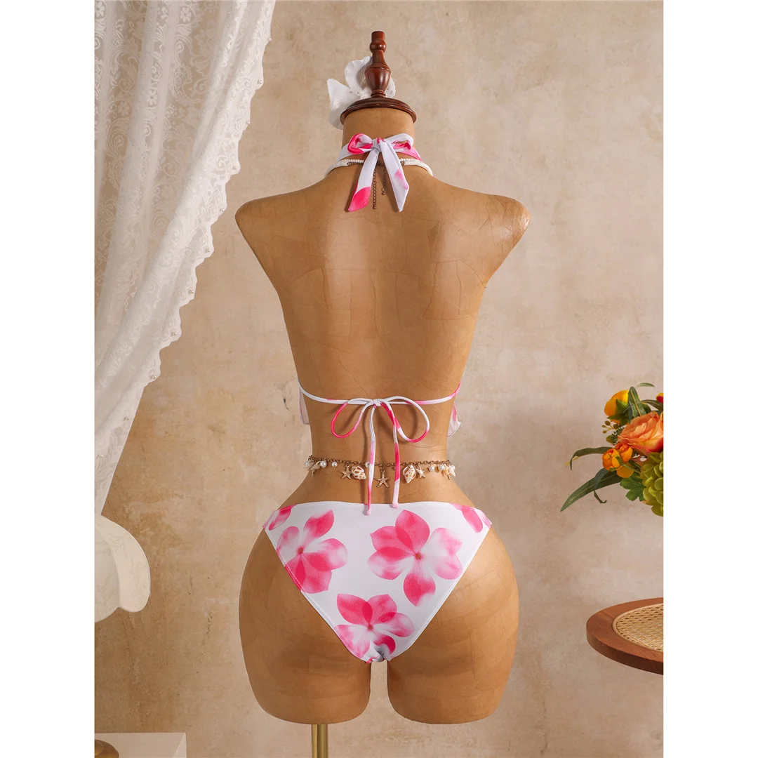 3D-Blumenmuster mit Rock, Neckholder-Bikini, Damen-Badeanzug, dreiteiliges Bikini-Set, Badebekleidung, Badeanzug, Schwimmbekleidung V8422 – Detail 10