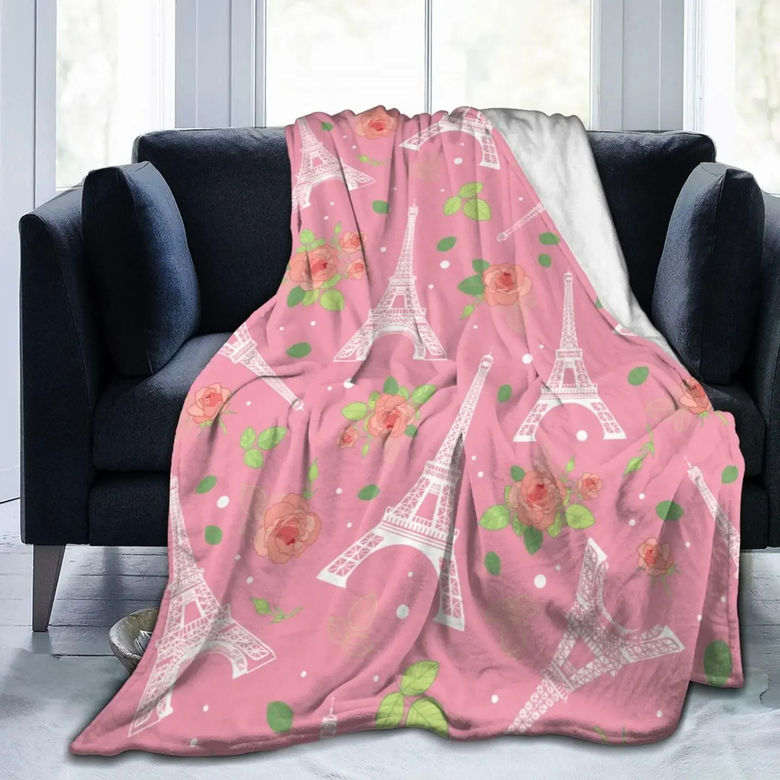 Paris Eiffel Tower and Roses Flowers Throw Blanket Ultra Soft Warm All Season Valentine's Day Decorative Blankets for Bed Sofa
