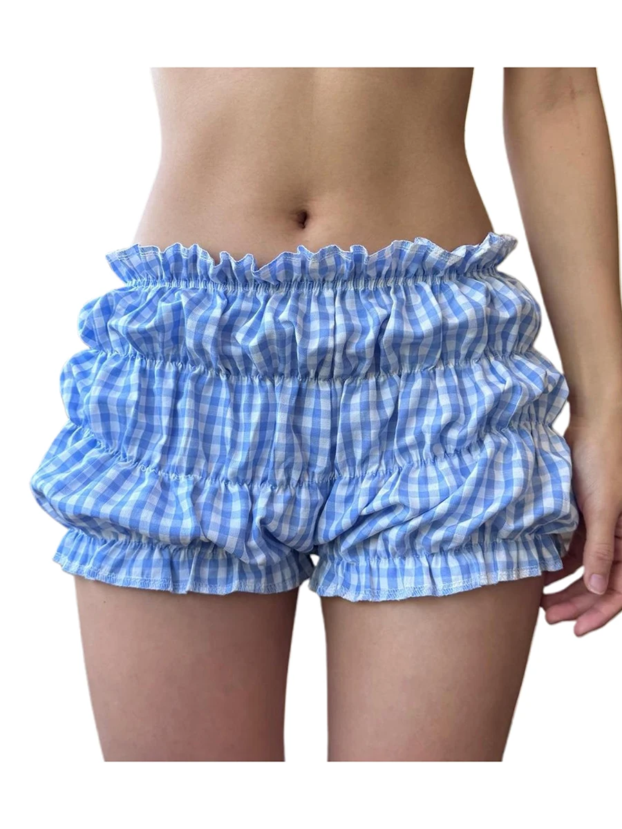 Bloomers femininos com estampa xadrez elástica cintura baixa franzida lounge shorts Lolita pijama bottoms