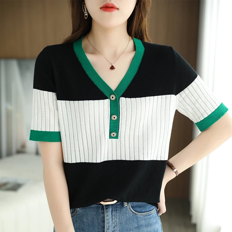 Knit short sleeve women's fashionable thin V-neck shirt loose summer cotton thread T-shirt cotton and linen half sleeve