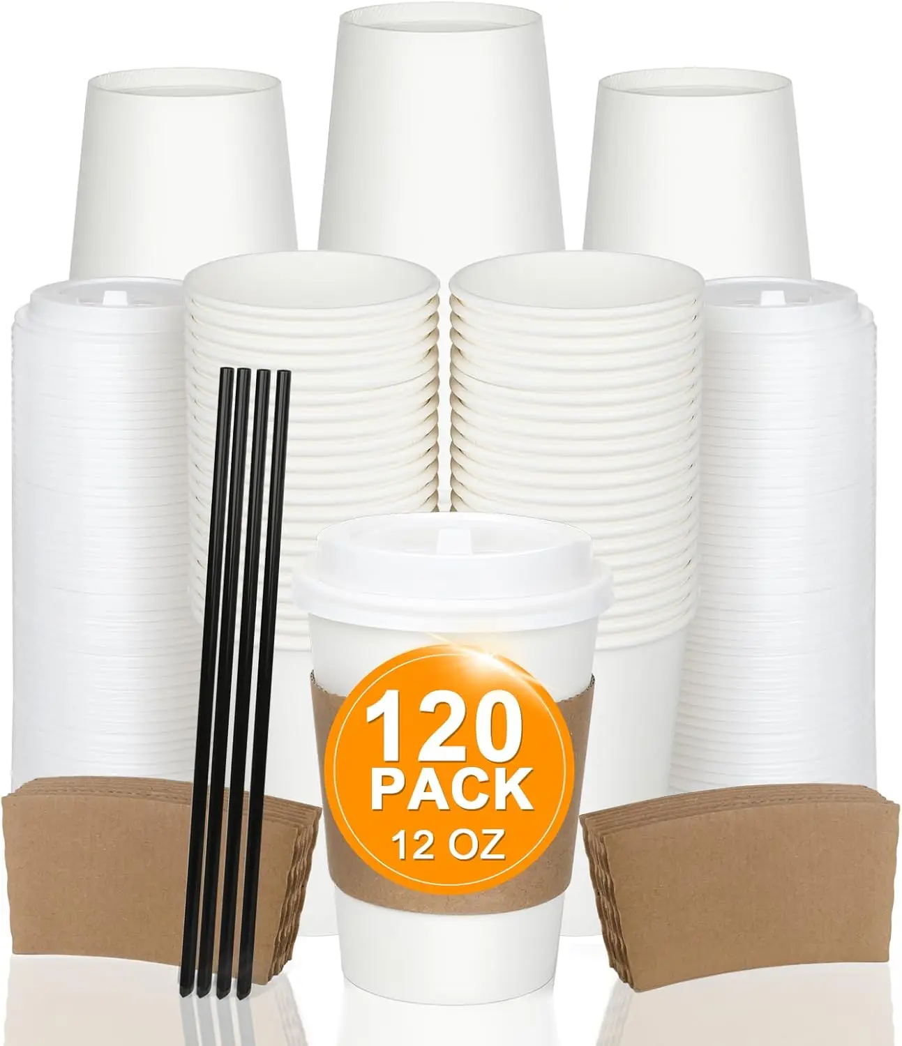 

120 Pack 12 oz Paper Coffee Cups Set, Disposable White Coffee Cups with Lids, Sleeves and Stirring Sticks, Fit For Cold