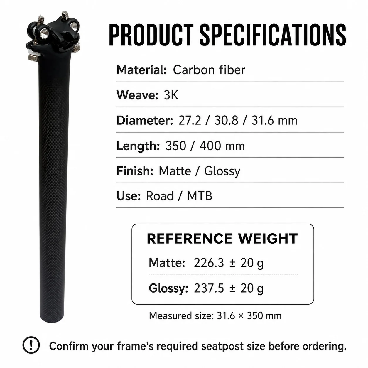 3K Carbonfaser Fahrrad-Sattelstütze 27,2/30,8/31,6mm 350/400mm Leichtgewicht MTB Rennrad Sattelstütze Matt Glänzend – Detail 4