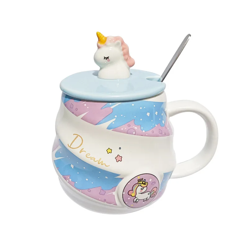 Rainbow Unicorn Mug Set with Lid and Spoon for Girl, Ceramic Water Cup, Coffee Mug, Cute Drinking Cup for Kids, Gift, 400ml