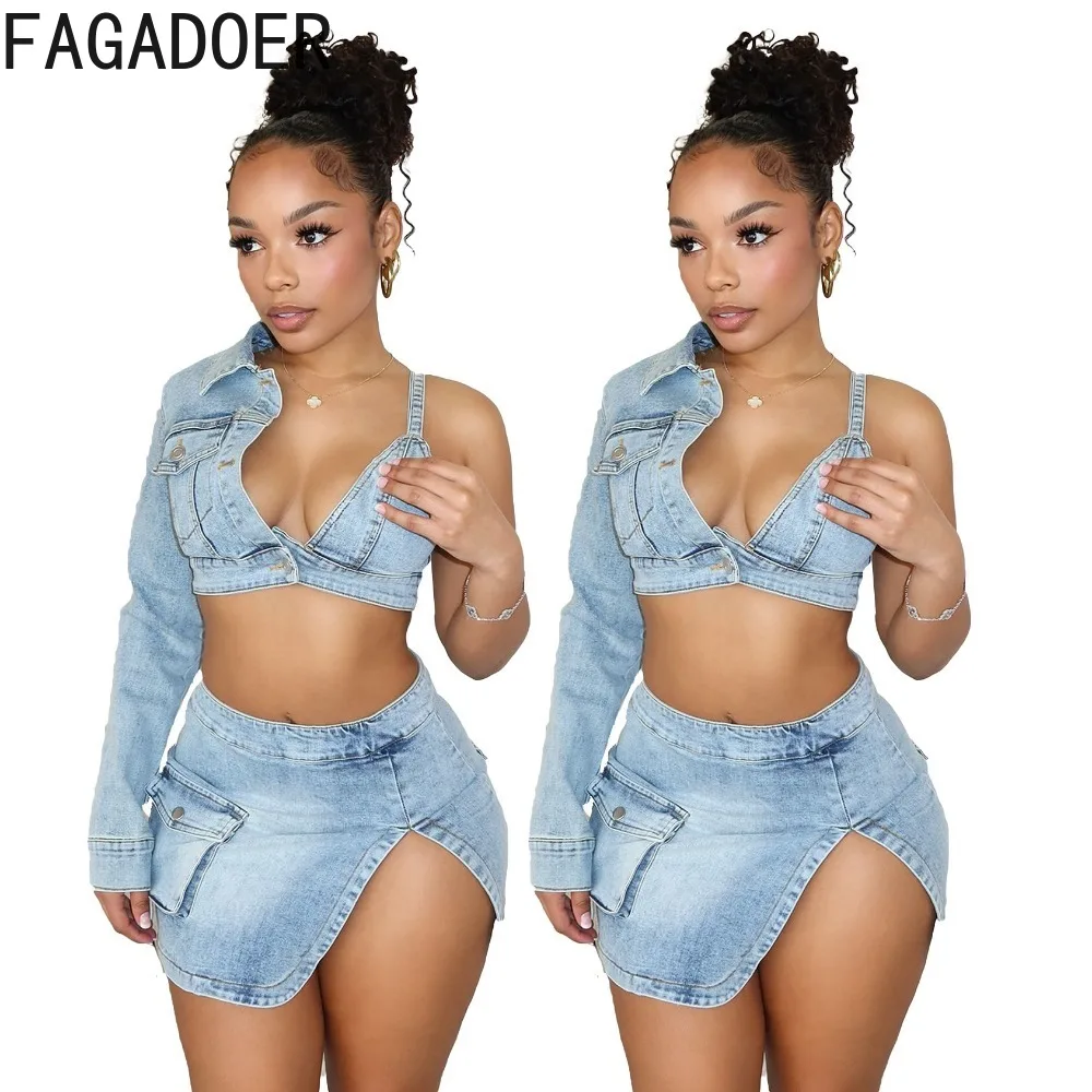 FAGADOER Blue Sexy Denim Backless Slit Two Piece Sets Women V Neck One Shoulder Long Sleeve Crop Top+Mini Skirts Cowboy Outfits