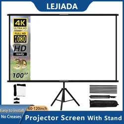 LEJIADA-Tela para projetor com suporte, tela branca sem rugas, dobrável para home theater, interior e exterior, 60 polegadas, 84 polegadas, 100 polegadas, 120 polegadas, 16:9