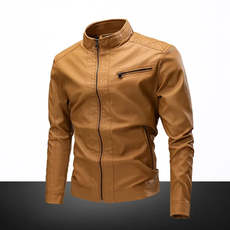 

Vintage Classic Men's Motorcycle Jacket Pu Leather Autumn Winter Casual Clothing for Men Solid Colors Stand Collar Windbreaker