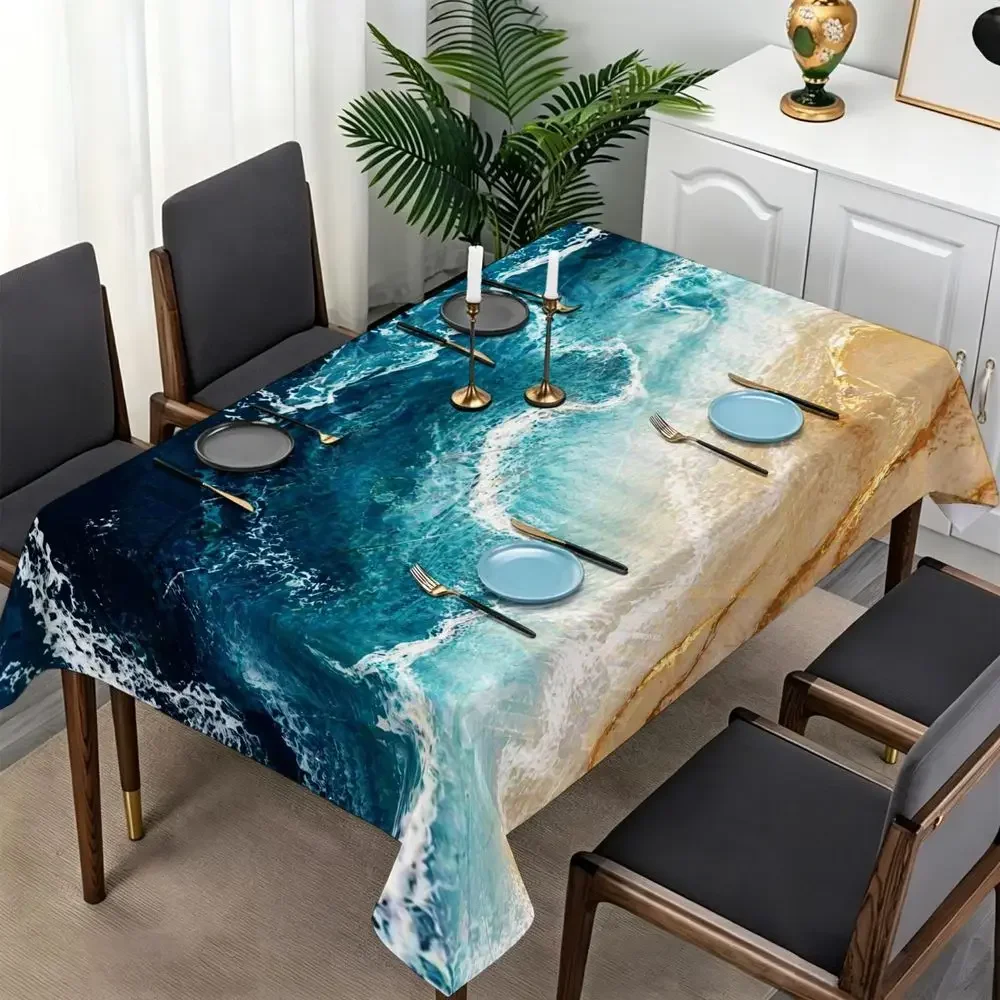 Coastal Ocean Wave Tablecloth - Emerald green sea scene, combined with golden sand and white foam.yzb