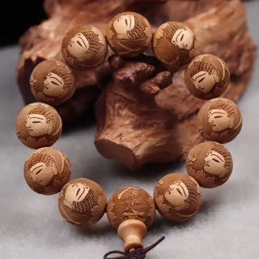 

Thuja Carved Tathagata Buddha Bracelet Men's And Women's Natural Wooden Round Beads 20Mm*12Pcs Sandalwood Hand String