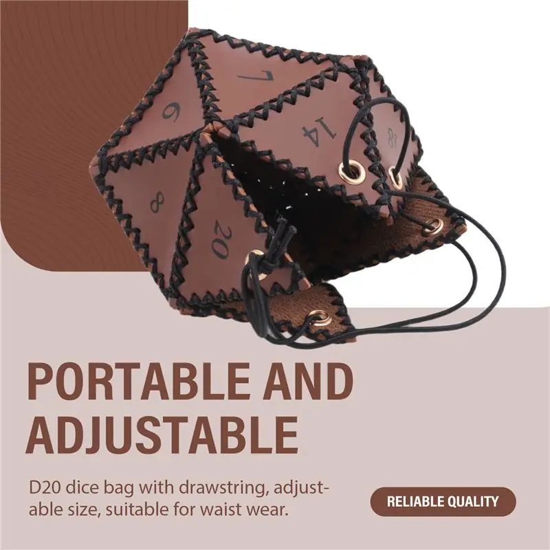 A08P-Polyhedral Dice Pouch Portable Drawstring Bag For RPG, Game, DND Dice Bag, Brown