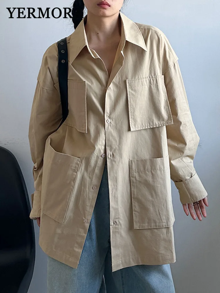 

YERMORA Khaki Pockets Big Size Casual Shirt Coat For Women Lapel Long Sleeve Loose New Jacket Fashion Tide Spring Autumn 2025