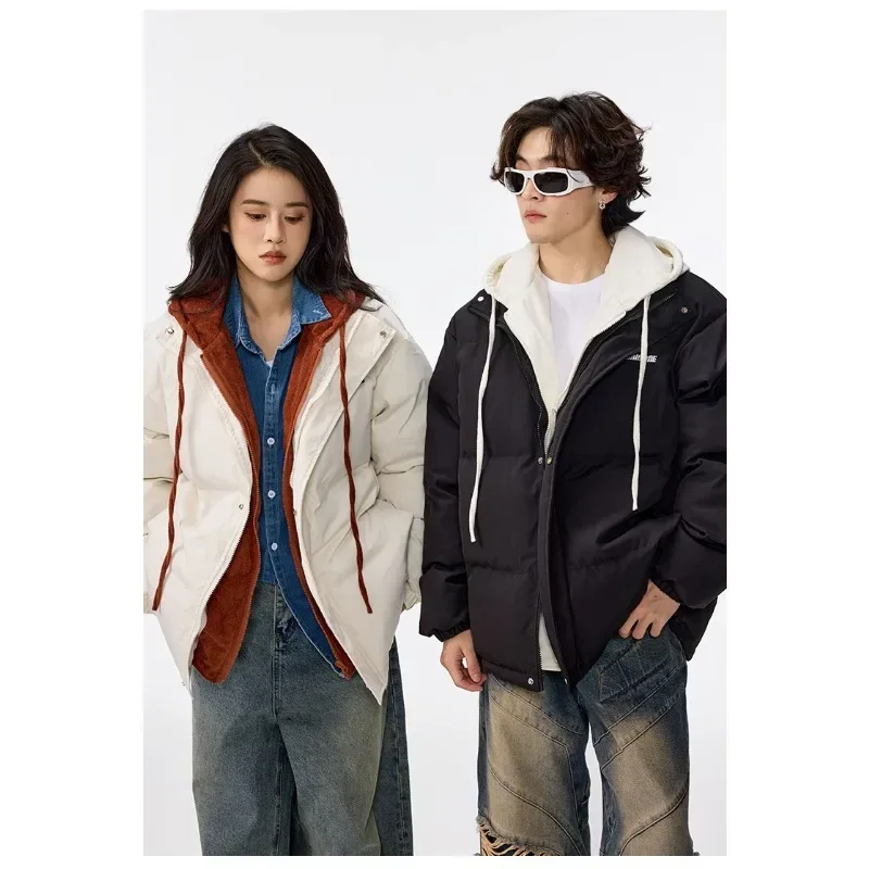 Winter couple style school style fake two patchwork quilts High quality street retro hooded thick solid color quilts size 2XL