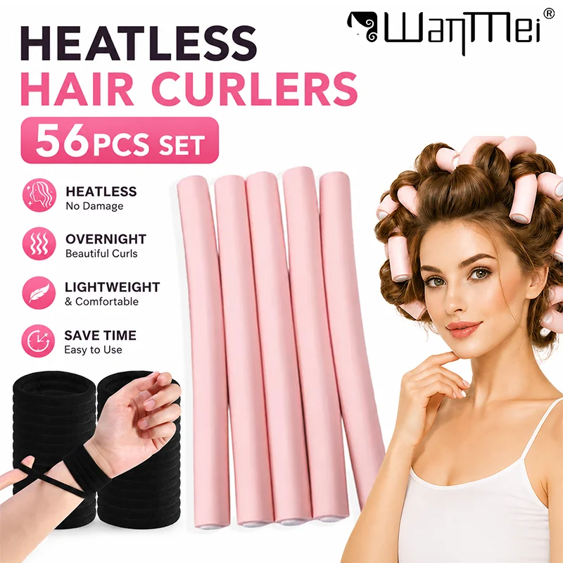 WANMEI 56pcs Heatless Hair Curlers with Hair Ties Soft Foam Hair Rollers Overnight No Heat Curling Rods DIY Hair Styling Tools