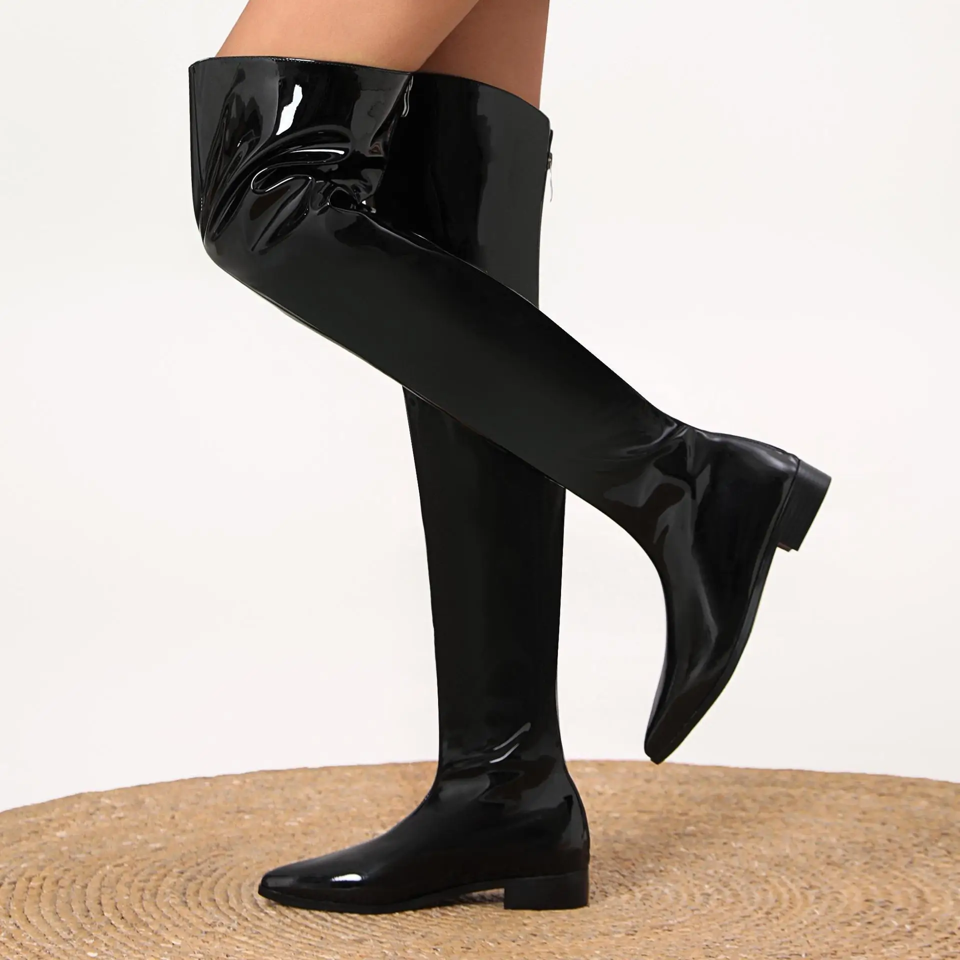 Autumn/Winter Women's Black Patent Leather Over-The-Knee Boots Pointed Toe Low Heel Fashion Party Evening Shoes Stylish Foot