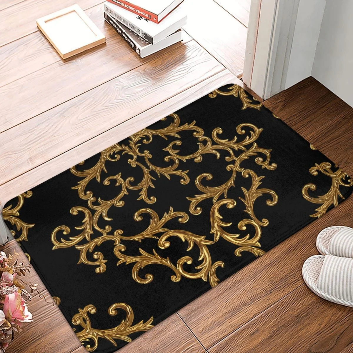 Golden Lion And Damask Kitchen Non-Slip Carpet Black And Gold Damask Living Room Mat Welcome Doormat Floor Decor Rug