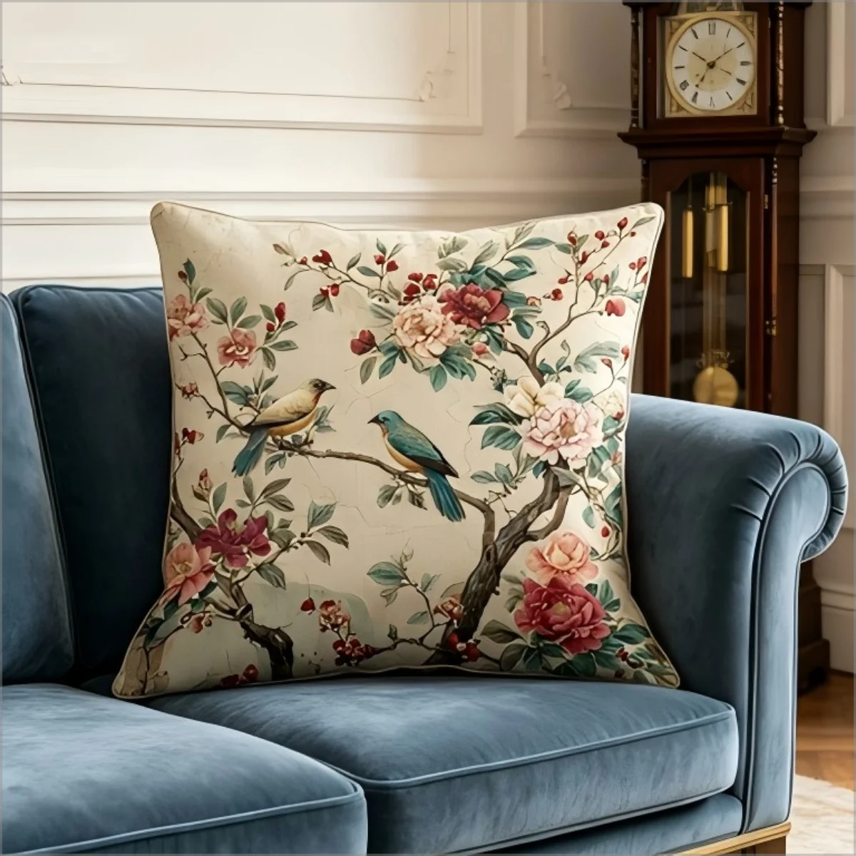 Vintage Chinoiserie Kissenbezug mit Vogel- und Blumenmotiv, Retro Botanischer Blumendruck Dekorativer Bezug für Schlafzimmer Sofa Couch