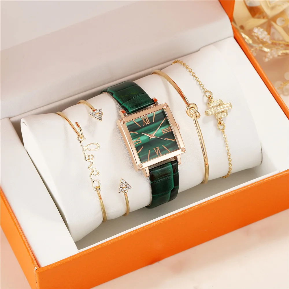 Luxury 2022 Square Emerald green Simple Rome Design Women Quartz Watch Fashion Leather Strap Clock Gifts Women Watches