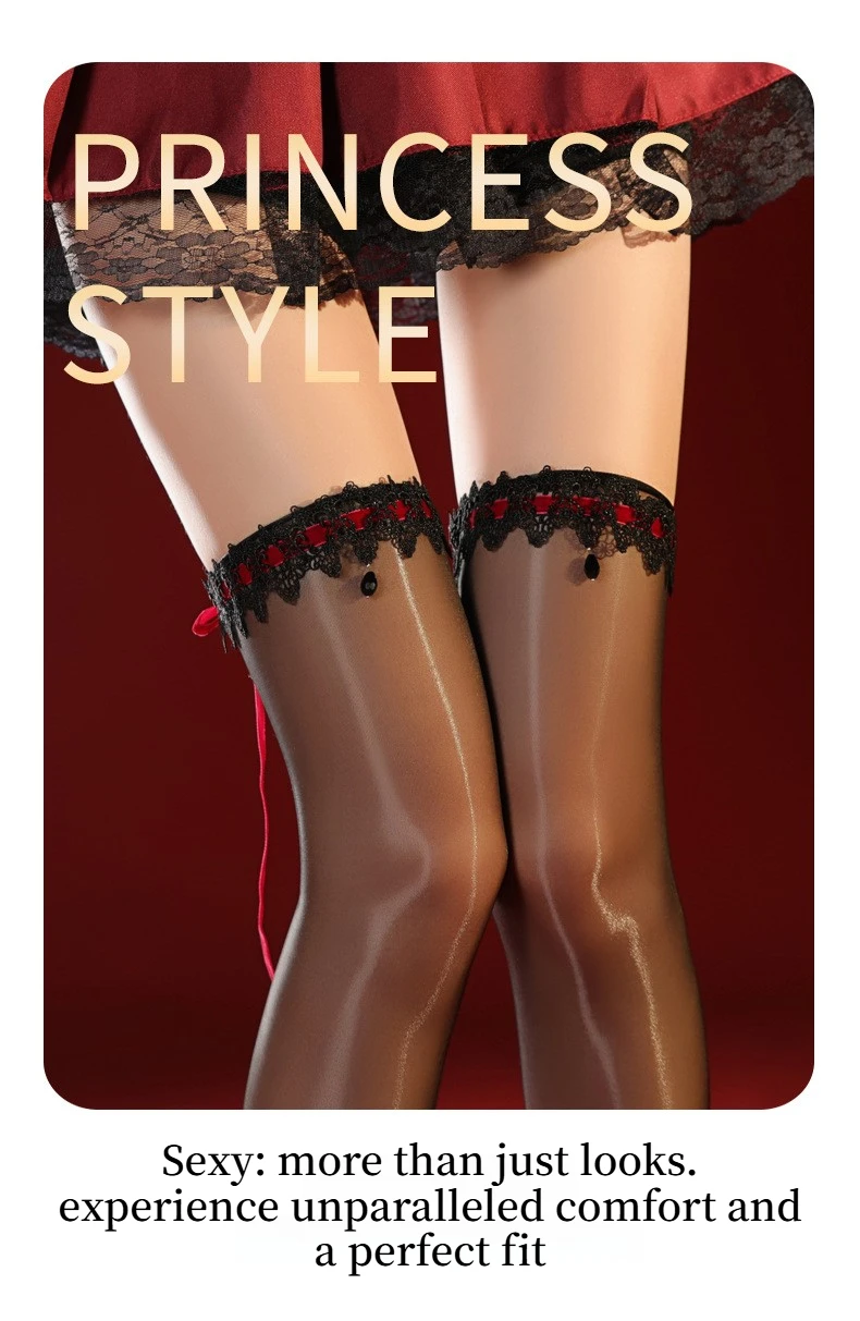 Damen Schwarze Rote Spitzen-Overknee-Strümpfe, Glänzende Transparente Öl-Satin Anti-Rutsch-Socken für Cosplay Gothic Party Clubwear Strümpfe Sexy – Detail 4