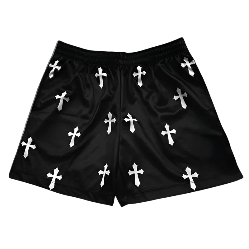 Workout Gym Shorts Men Angel Cross Print Quick Dry Breathable Shorts Pockets Athletic Fitness Running Jogging Streetwear Moto