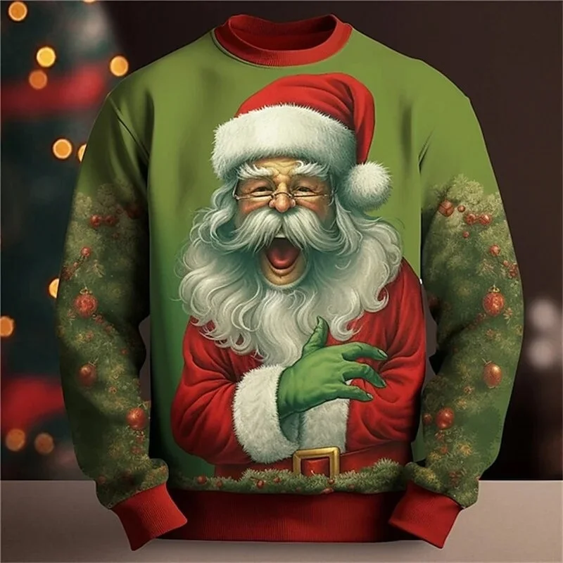 3D Printed Merry Christmas Hoodie For Men Santa Claus Pattern Sweatshirts Autumn Long Sleeve Round Neck Street Loose Hoodies