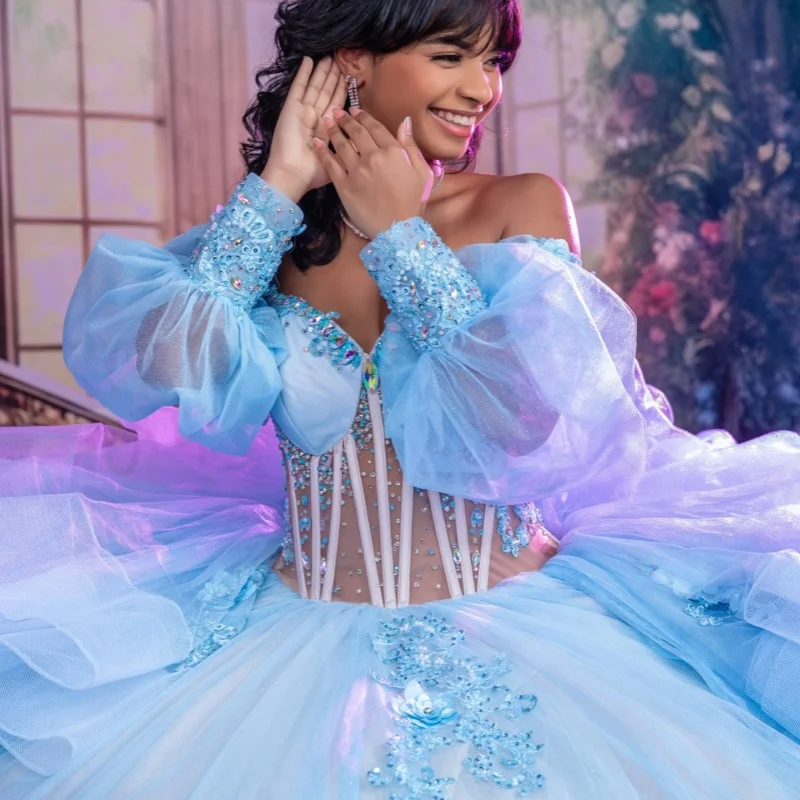 

Light Blue Quinceanera Dresses Off the Shoulder Lace Layering 3D Flower Decal Long tail Bow Vestido De 15 Quinceanera Customize