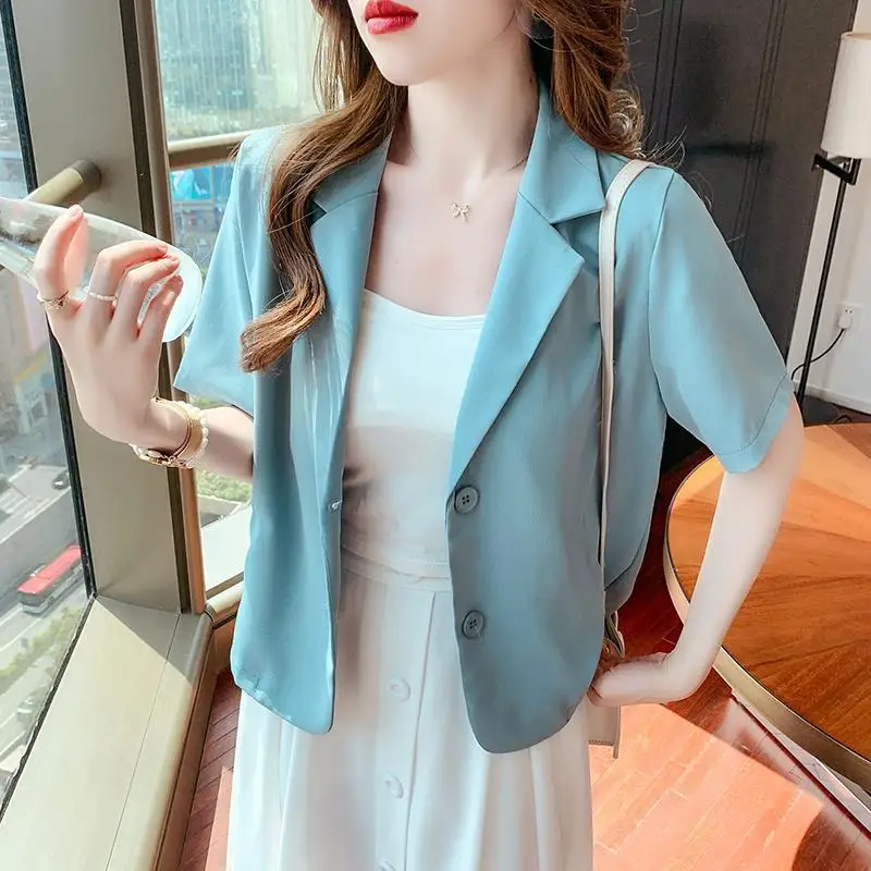 Women\'s Clothing Fashion Suit Short Sleeved Jacket 2023 Summer Thin Style Temperament Retro Korean Casual Cardigan Top Trend