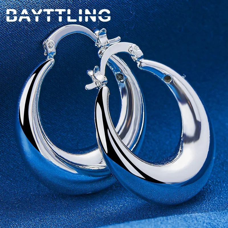 925 Sterling Silver 30MM Glossy Moon Hoop Earrings For Women Wedding Gifts Party Fashion Hoops Jewelry Accessories