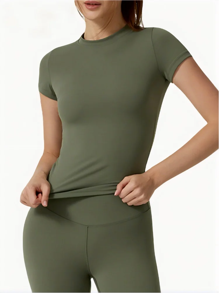 

Футболка для йоги с коротким рукавом, быстросохнущая, с эффектом второй кожи, моделирующая талию, премиум-класса, для фитнеса и спорта