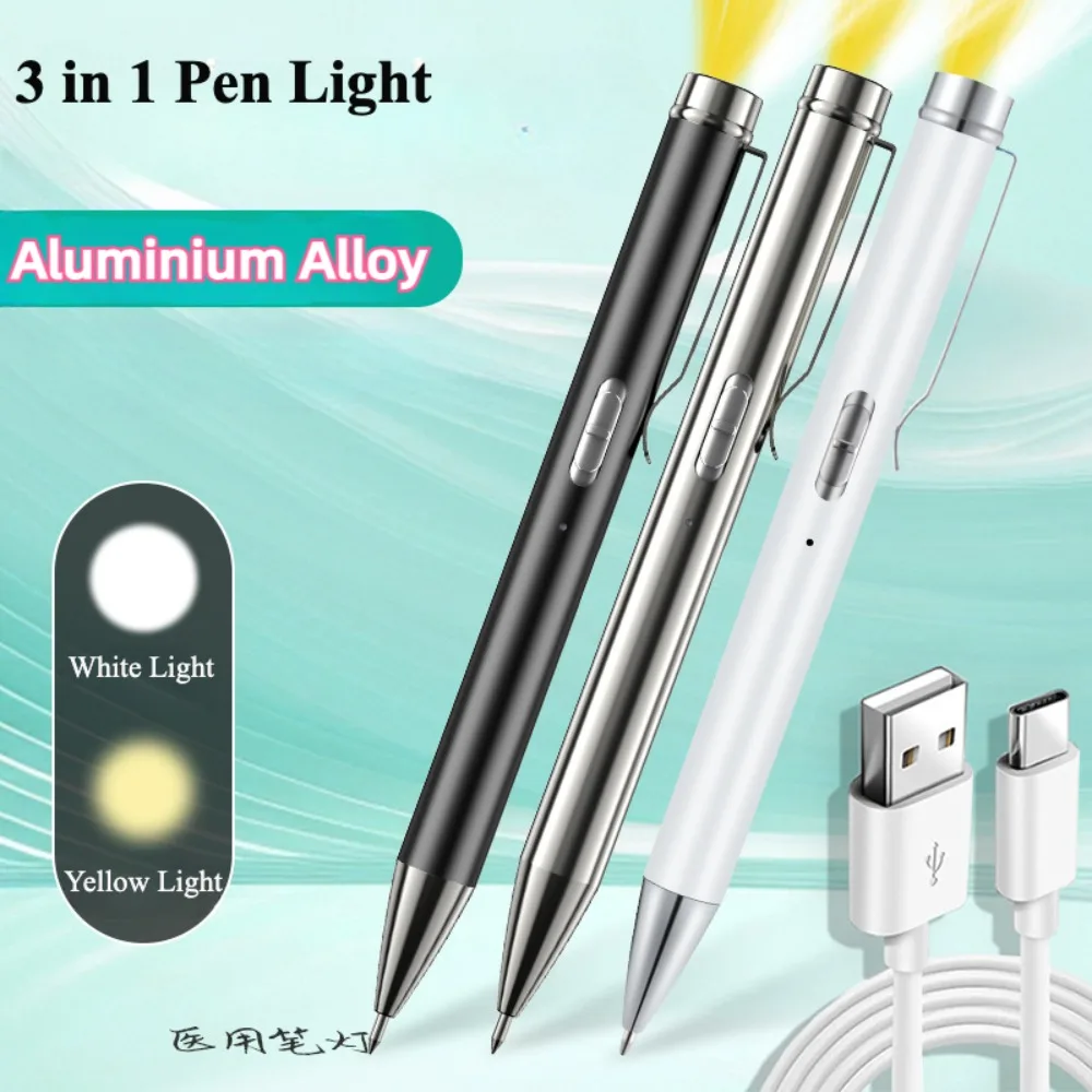 2 IN 1 Portable LED Medical Clinical Flashligh USB Recharge Stainless Steel Medical First Aid Pocket Pen Light Can Write