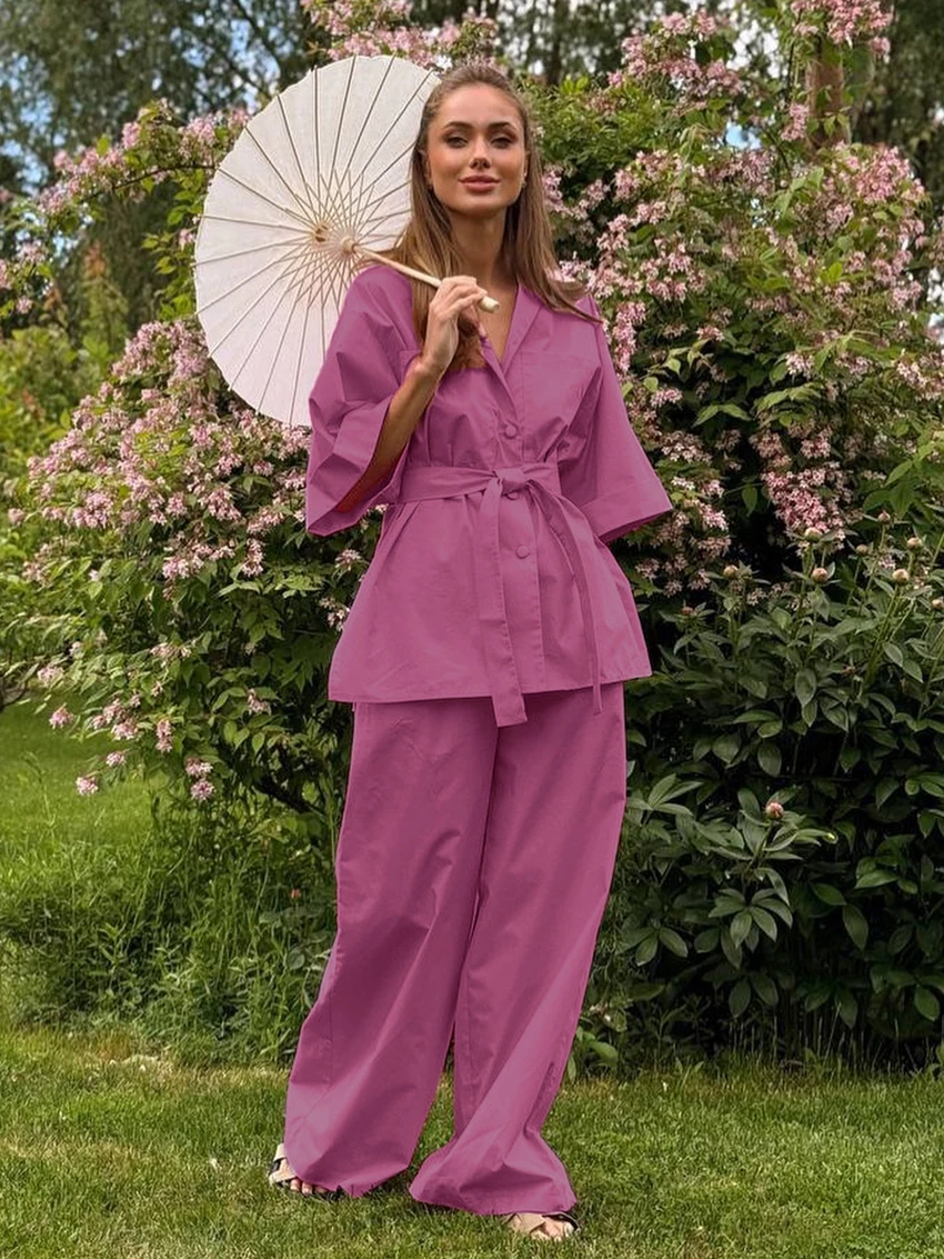 

Martahqiqi Cotton Ladies Pajamas Suit Lace Up Sleepwear Sexy V-Neck Robe Half Sleeve Nightgown Pants Casual Female Nightwear Set