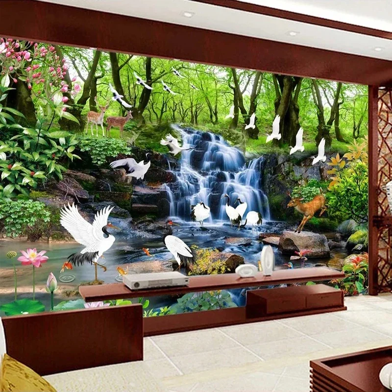Custom 3D Photo Wallpaper Large Mural Forest Waterfall Elk Bird Living Room Bedroom Background Wall Papel De Parede Tapety Fresc
