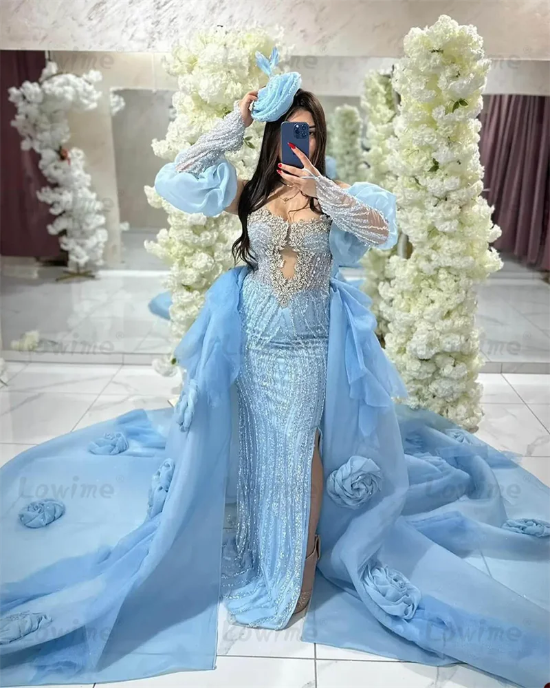 Robe De Soiree Blue Three Pieces Prom Dresses 2025 Customized Handmade Floral Amazing Party Dress Crystals Arabic Evening Gowns