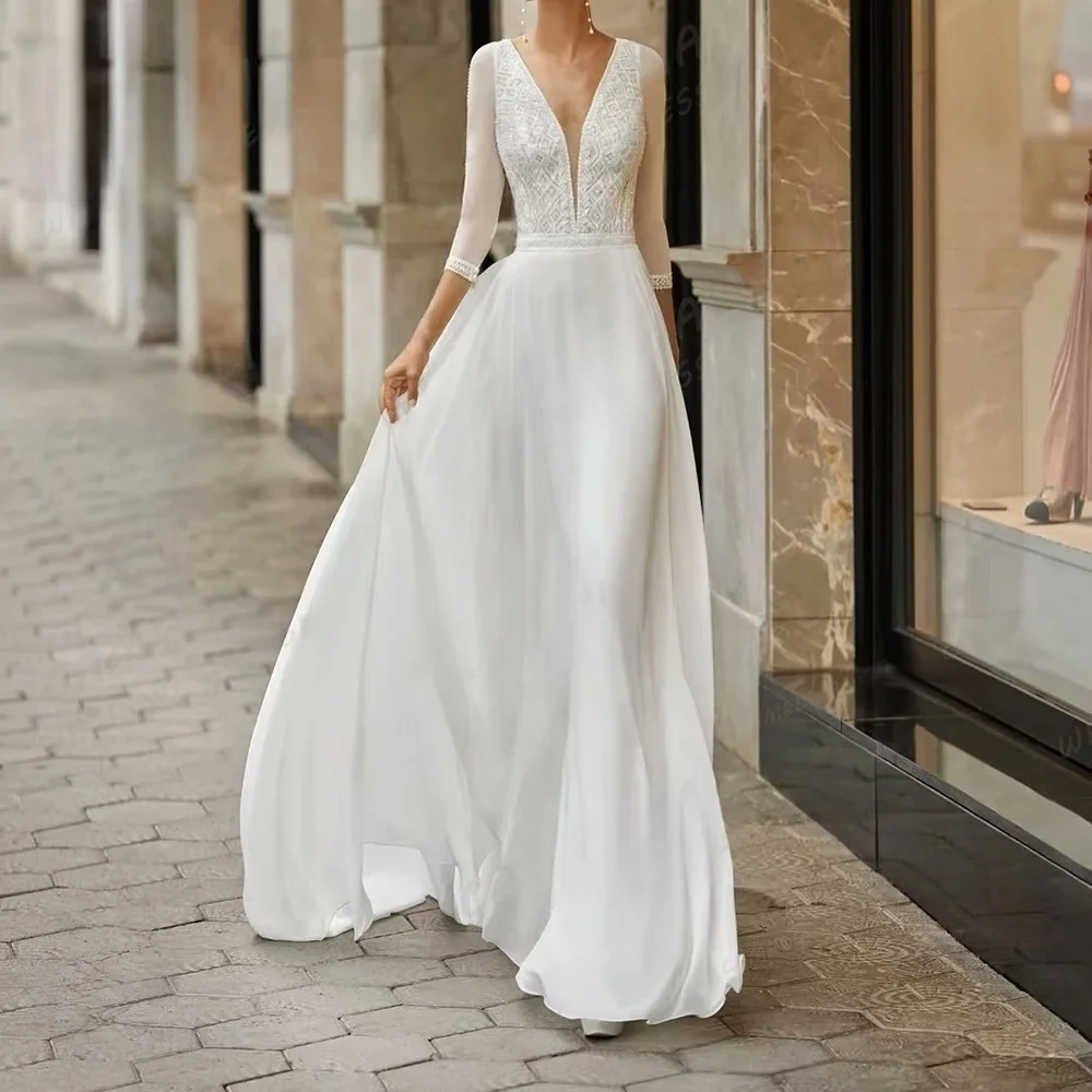 

Luxury Appliques Women's Wedding Dresses Chiffon A Line Sweep Train Half Sleeve V Neck Bridal Gowns Customized