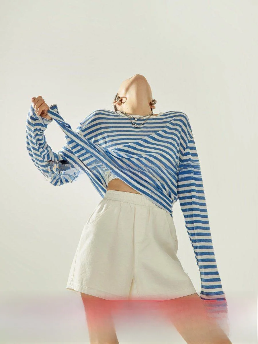 

Loose Long Sve Women's T-irt Blue Stripes Casual Daily Design Color Blo Korean Sle round Ne Top for Autumn