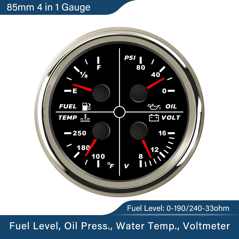 ELING 85mm Universal Gauge Set Oil Pressure Fuel Level Water Temp Voltmeter with Red Backlit