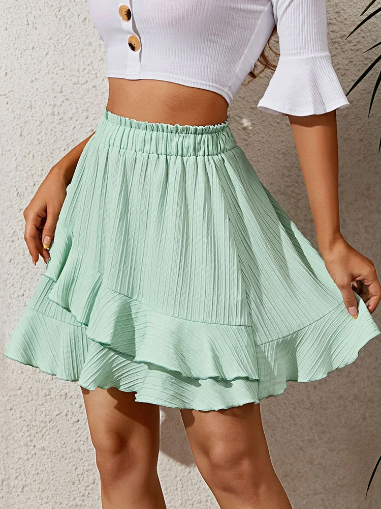 Summer Skirt Ruffled Style New Solid Color Girl Dance High Waist Elegant Women Casual Female Lady Party Club Wear