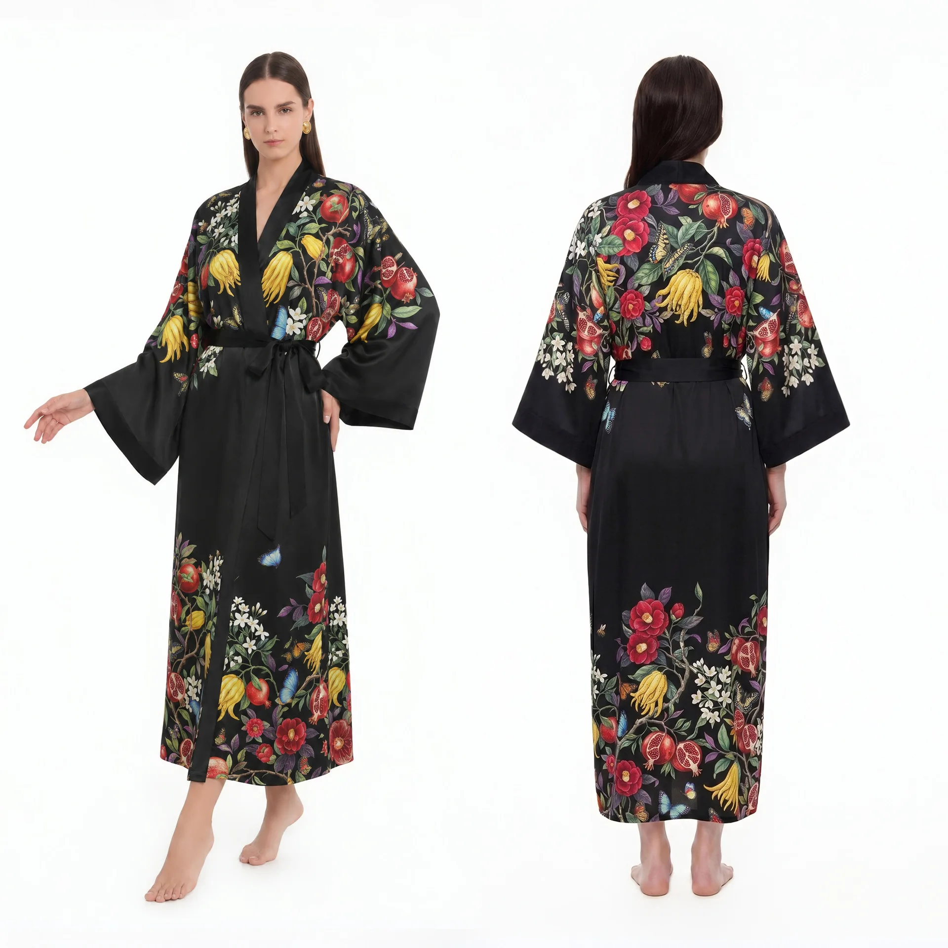 New ladies satin chiffon flower printed robe loose pajamas and kimono bathrobe can be worn outside plus size single robe women