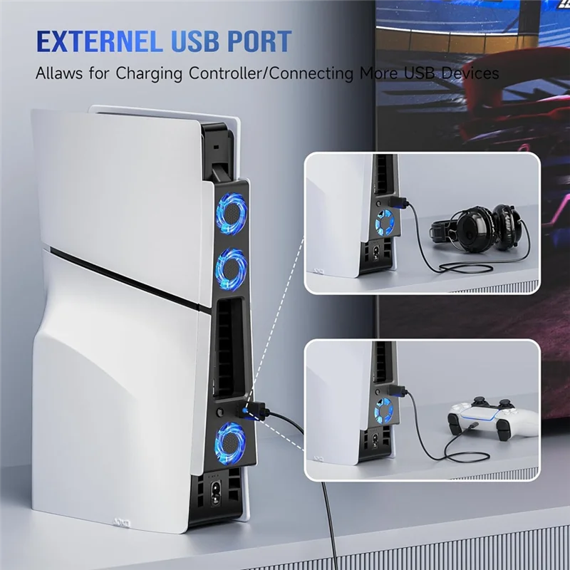 مروحة تبريد خفيفة RGB لوحدة التحكم PS5 النحيفة مع 3 مراوح USB 3.0 منفذ نظام تبريد هادئ لأجزاء ملحقات Sony PS5 النحيفة-BCB