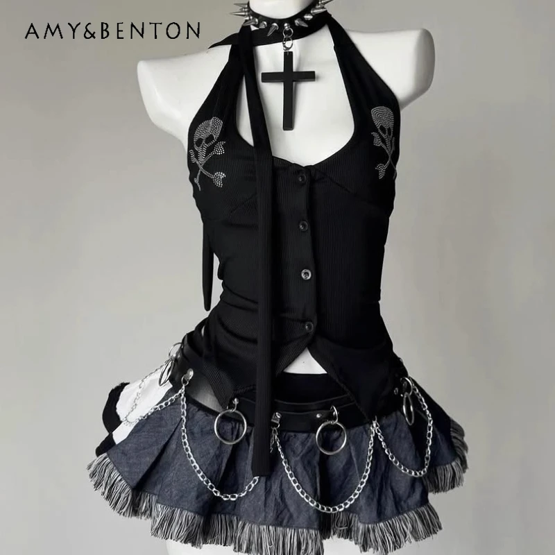 

Original Design Summer Black Rhinestone Halter Neck Women's Sling Punk Dark Sweet Cool Sexy V-neck Sleeveless Tank Top Ladies