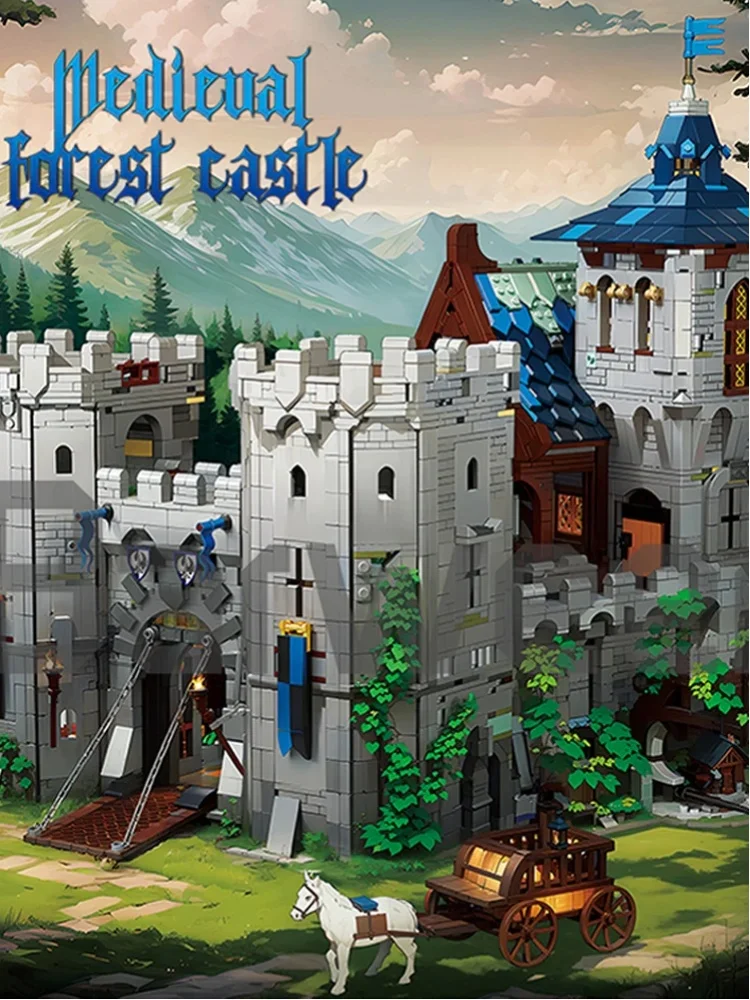 6640-teiliges Mittelalterliches Waldschloss-Bausteinset, Mittelalterliche Straßenansicht, Modulares Architekturmodell-Kit mit Schleppbrücke, Turm, Pferdekutsche, Sammler-Bausteine,