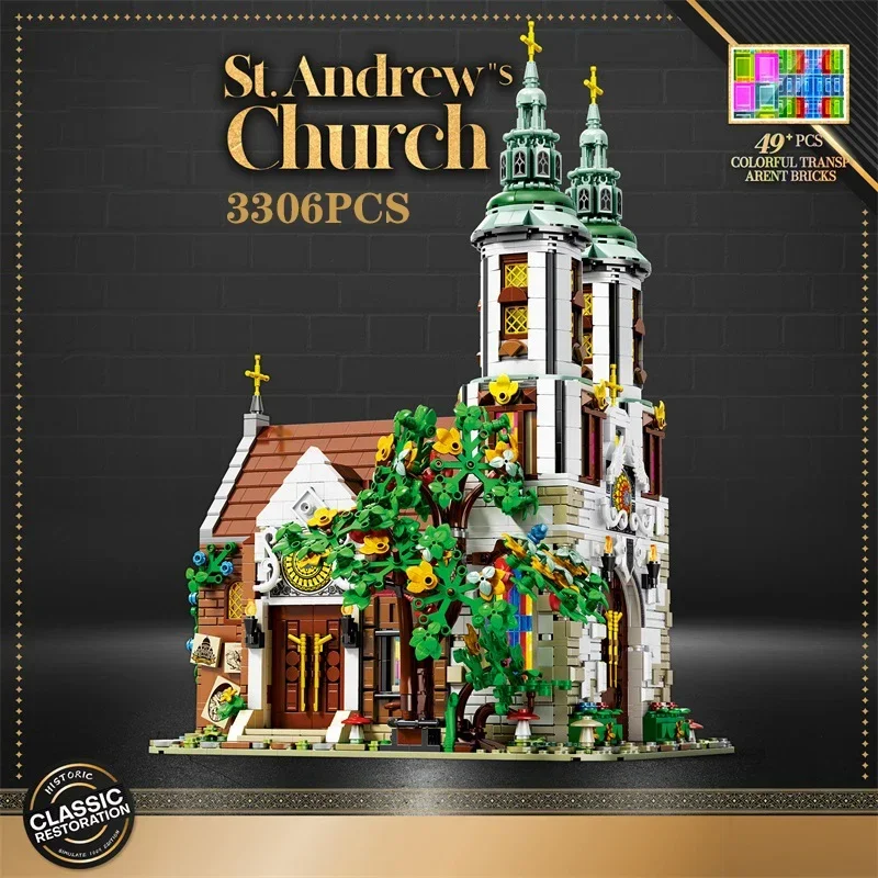 3306PCS St. Andrew's Church Building Block Medieval European Church Model Bricks Set With Light Desktop Decoration Kids Toy Gift